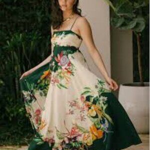 ALEMAIS Green Cream Floral Aggie Dress Linen NWT